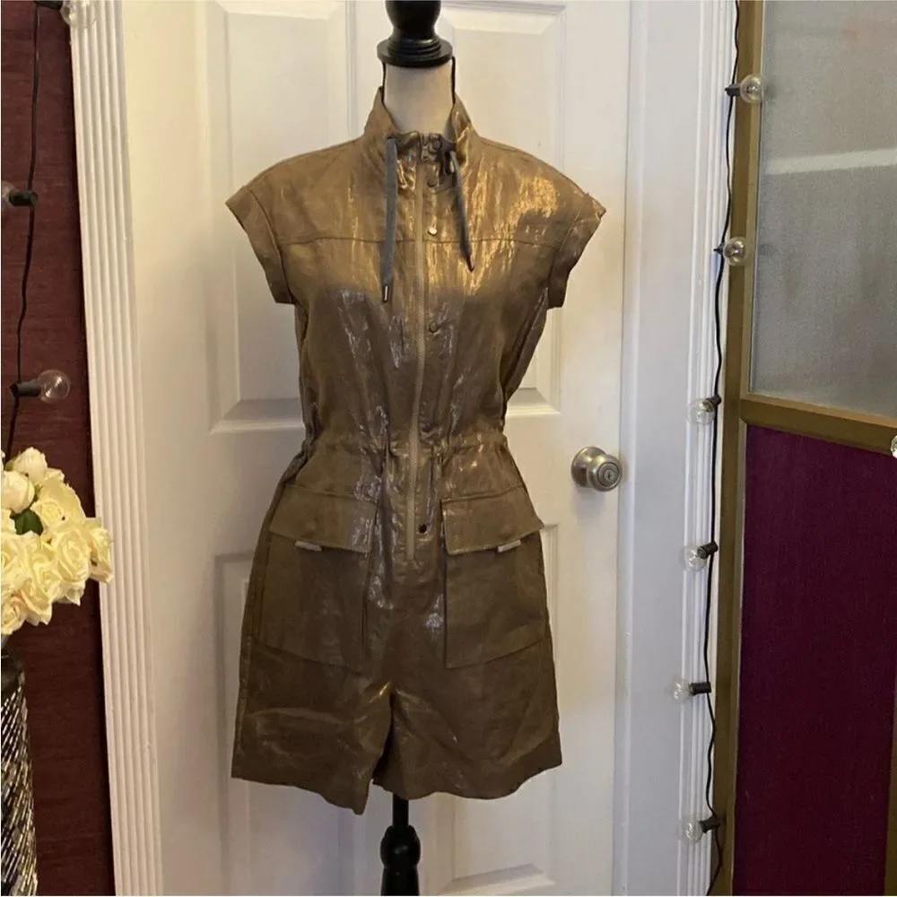 NWT Brunello Cucinelli 100% linen Shimmering Gold/ brown romper, S